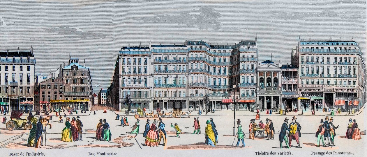 Boulevard Poissonnière y Boulevard Montmartre - bazar de la industria - Rue Montmartre - Théâtre des Variétés y pasaje de los Panoramas - Grabado en “Tableau-de-Paris” por Edmond Texier 1852 de French School