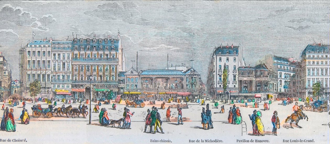 Boulevard des Italiens lado sur y Boulevard des Capucines lado sur - Rue de Choiseul - Bains chinois - Rue de la Michodiere - Pavillon de Hanover - Rue Louis-le-Grand - Grabado en “Tableau-de-Paris” de Edmond Texier 1852 de French School