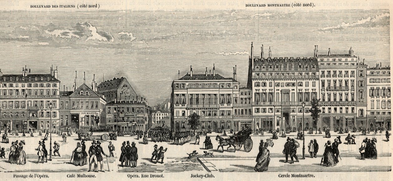 Boulevard des Italiens y boulevard Montmartre - Café Mulhouse - Cercle Montmartre - Jockey club - Grabado en “Tableau-de-Paris” por Edmond Texier 1852 de French School