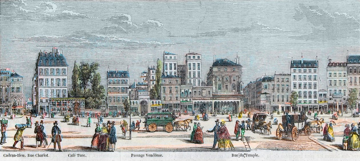 Boulevard du Temple lado sur - Rue Charlot - Café Turk - Passage Vendome - Rue du Temple - Grabado en “Tableau-de-Paris” por Edmond Texier 1852 de French School