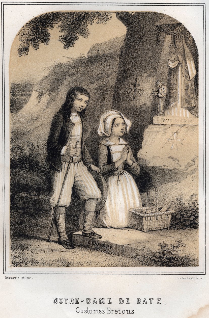 Trajes bretones - Notre-Dame de Batz - Grabado en “Las veladas de mi tío recuerdos y relatos de viajes” por MORING MICHEL - Finales del siglo XIX de French School