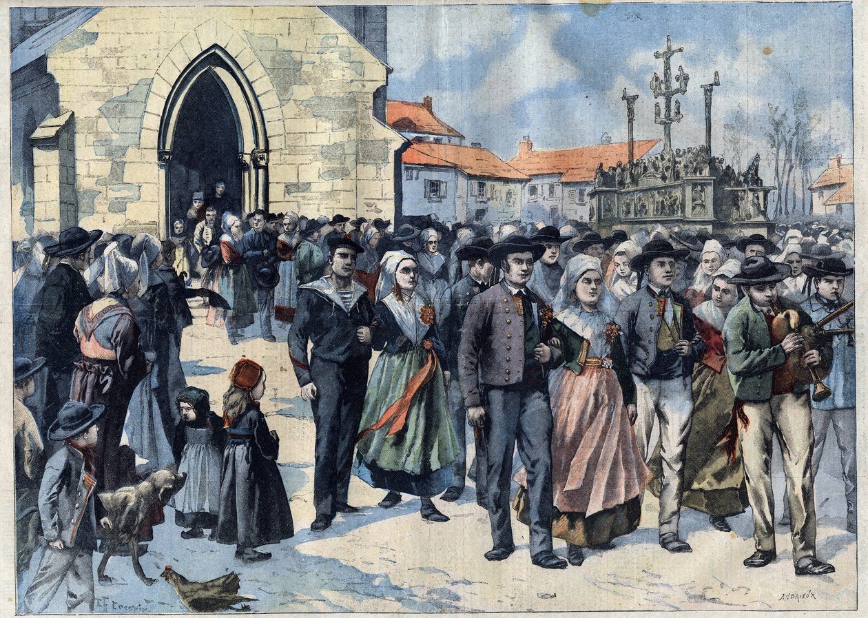 Costumbre bretona: Matrimonio tradicional en Plougastel (Finisterre, Bretaña). Los matrimonios salen de la iglesia. Grabado en "Le Petro Parisien" de French School