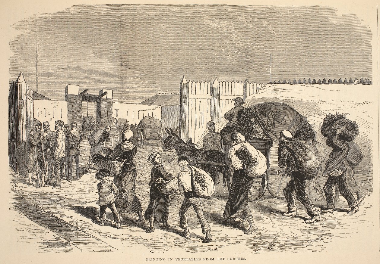 Trayendo verduras de los suburbios, ilustración de la Historia de la Guerra entre Francia y Alemania, 1870-1871 de French School