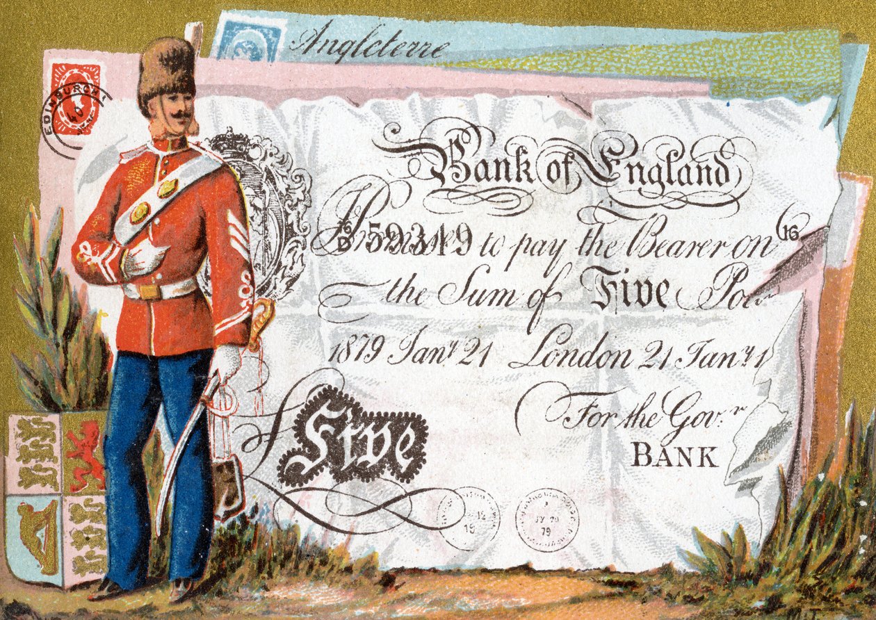 Soldado del ejército británico guardando un billete de cinco libras del Banco de Inglaterra, 1886-95 de French School