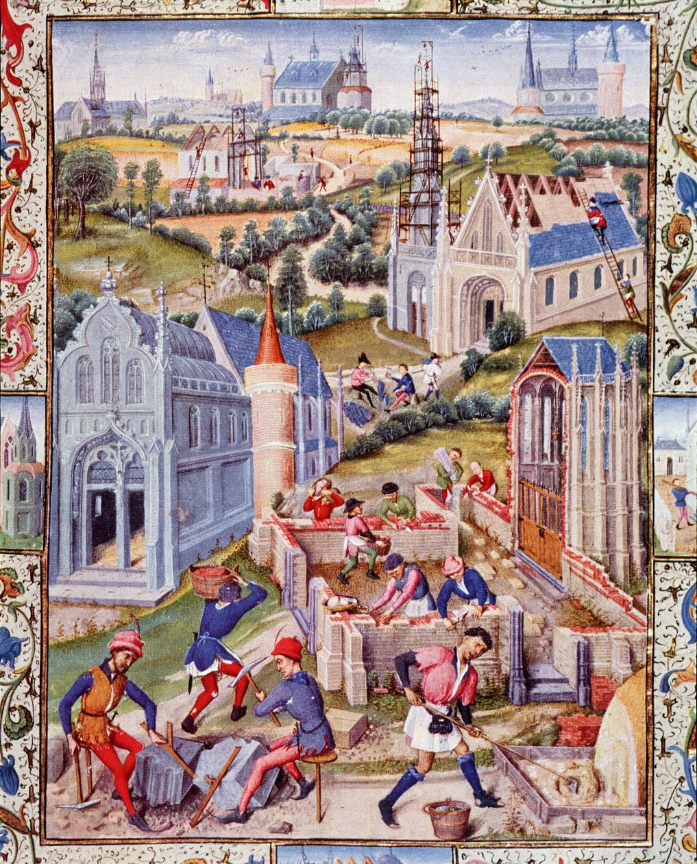 Obras en Saint Denis (Ciudad) para la construcción de 12 iglesias en honor de los 12 apotres. Miniatura extraída de la "Vida del Tres Noble Conde Gerard de Roussillon". de French School