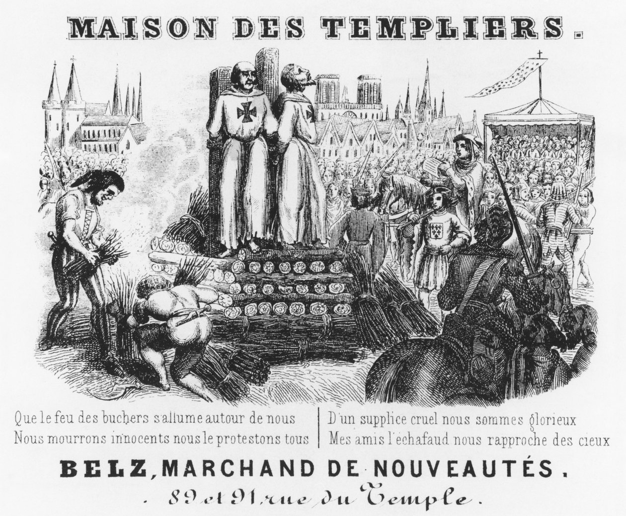 Quema de los Templarios, encabezado de factura de una tienda de telas, Maison des Templiers, Belz, rue du Temple, París, c.1840 de French School