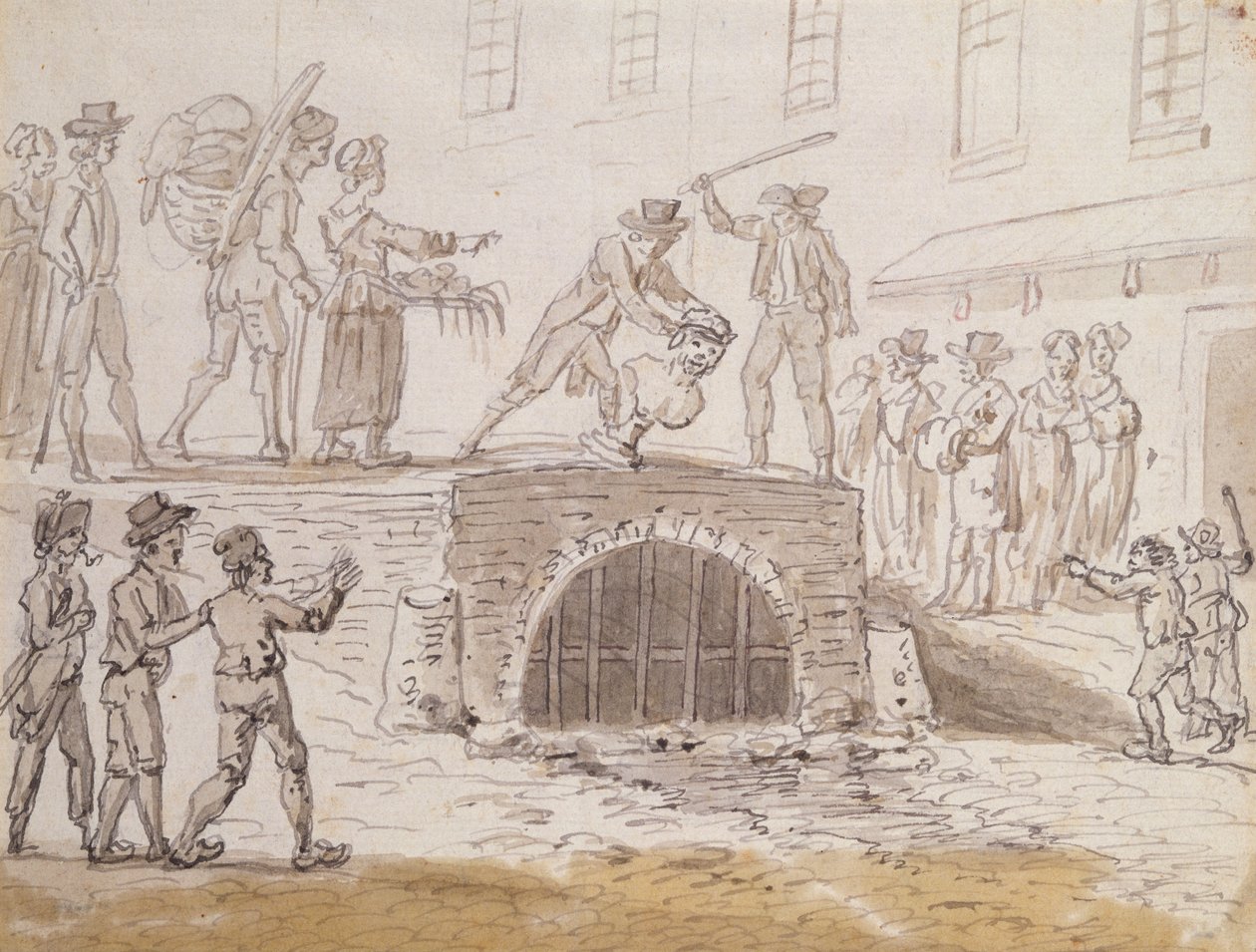 Busto de Marat arrojado a una alcantarilla, 5 de febrero de 1795 (acuarela sobre papel) de French School