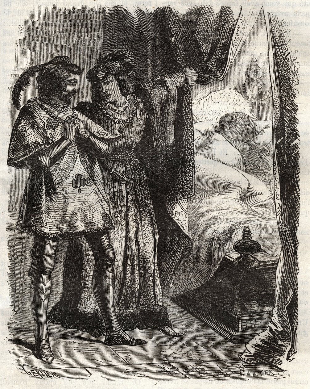 Al levantar una puerta, mostró al esposo a su propia esposa acostada desnuda. Luis I de Valois Duque de Orleans (1372-1407), hizo creer a Raoul d