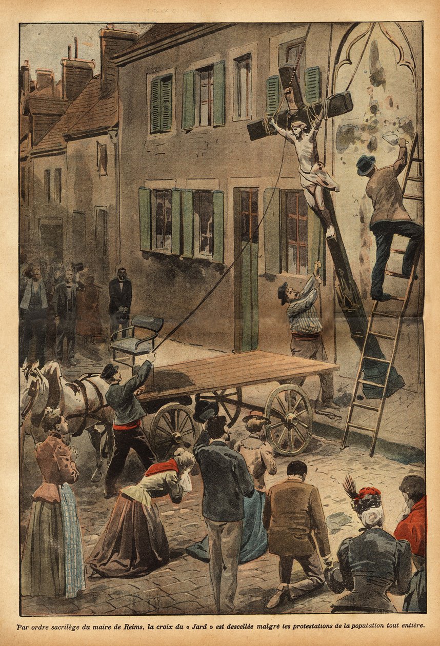Por orden del alcalde de Reims, Charles Arnould, la Cruz del muro de la escuela de la rue du Jard, fue decrocheada, provocando numerosas protestas, en el contexto de la lacisación progresiva de las instituciones del Estado. Grabado en "Le pelerin" 24/06/19 de French School