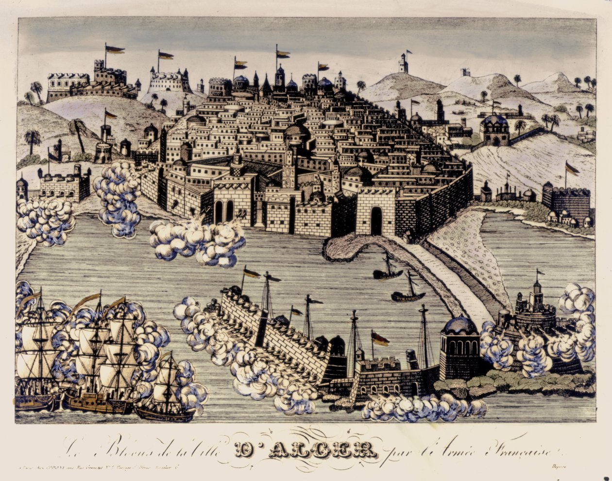 COLONIALISMO: El bloqueo de la ciudad de Argel por el ejército francés. 1830 (grabado en color) de French School