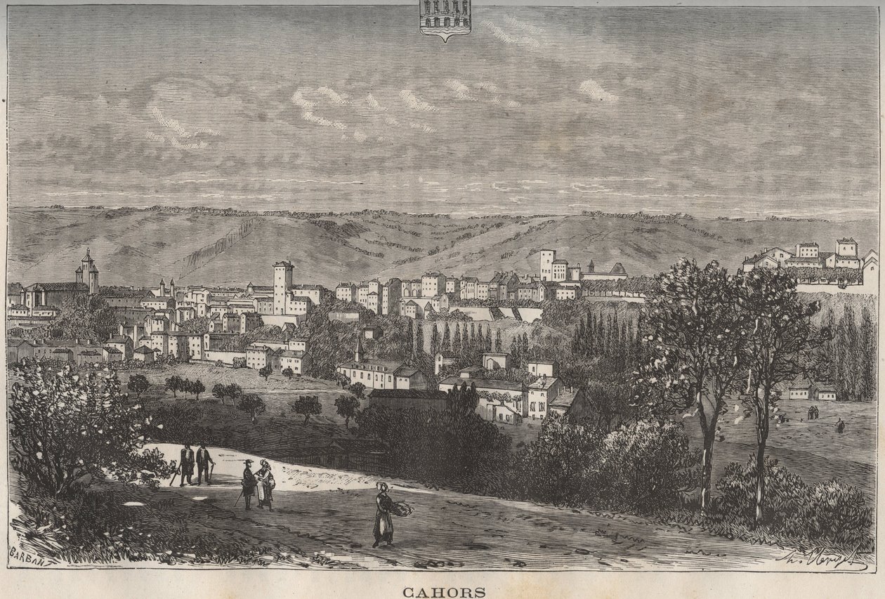 Cahors - Lot - Midi-Pirineos - grabado en 