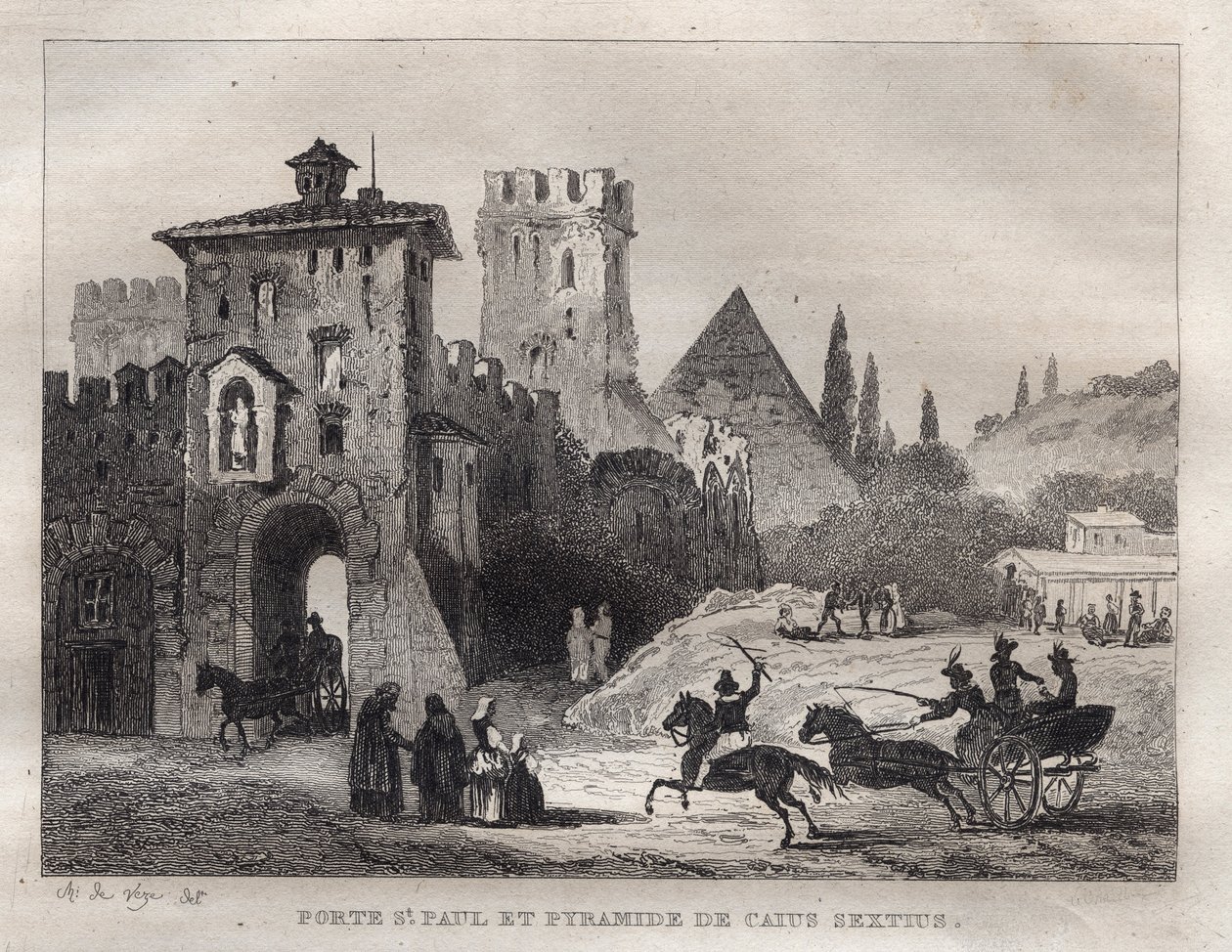 Pirámide de Cayo Cestio y Puerta de San Pablo en Roma - Grabado de 
