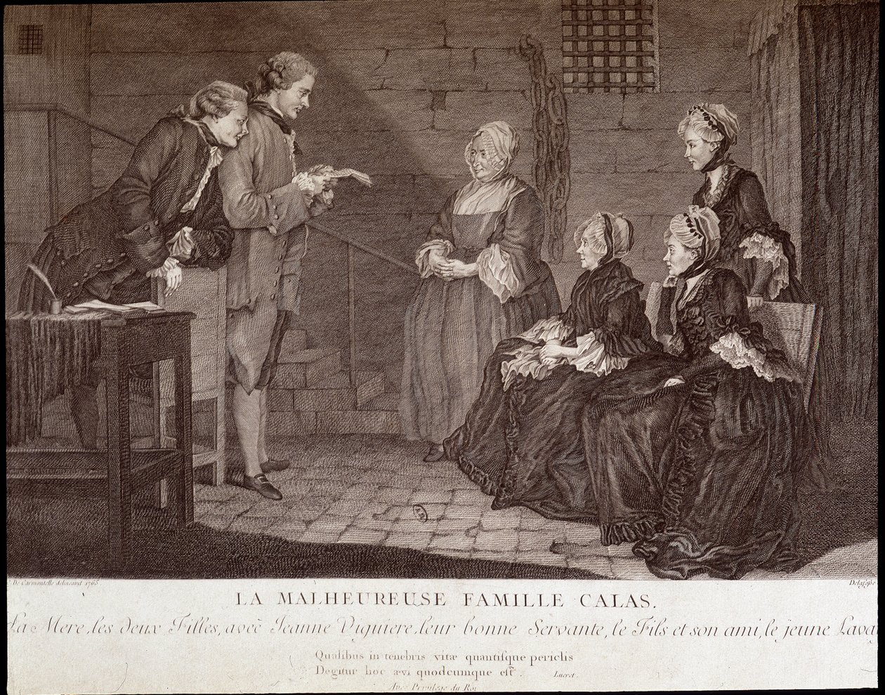 El asunto Calas: La desgraciada familia de Jean Calas (muerto en 1762): la madre, las dos hijas, con Jeanne Viguiere, su buena criada, el hijo y su amigo, v.1762. de French School