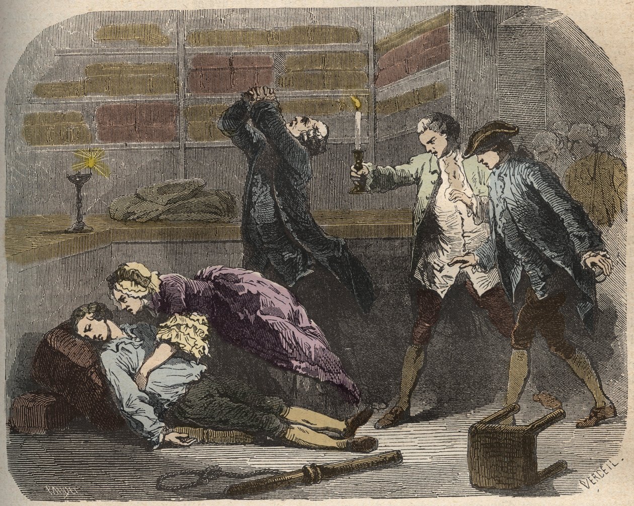 Caso Calas: el 13 de octubre de 1761, Marc Antoine Calas encontrado muerto en la boutique familiar en Toulouse - Grabado en "Causas célebres de todos los pueblos" por Armand Fouquier (1817-18?) 1858-1867 - colección privada de French School