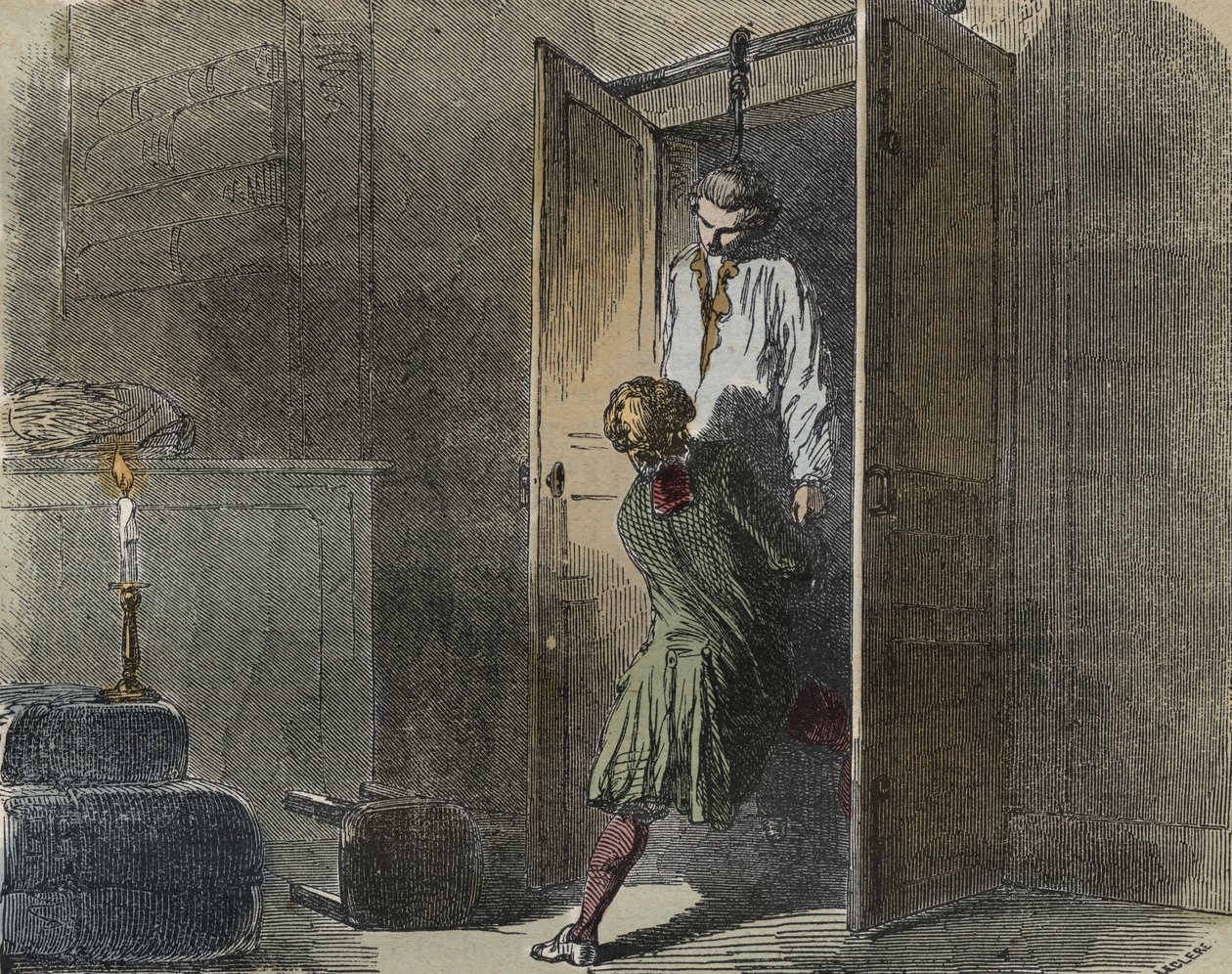 Caso Calas: el 13 de octubre de 1761, Marc Antoine Calas es encontrado ahorcado en la boutique familiar en Toulouse - Grabado en "Causas célebres de todos los pueblos" por Armand Fouquier (1817-18?) 1858-1867 - colección privada de French School