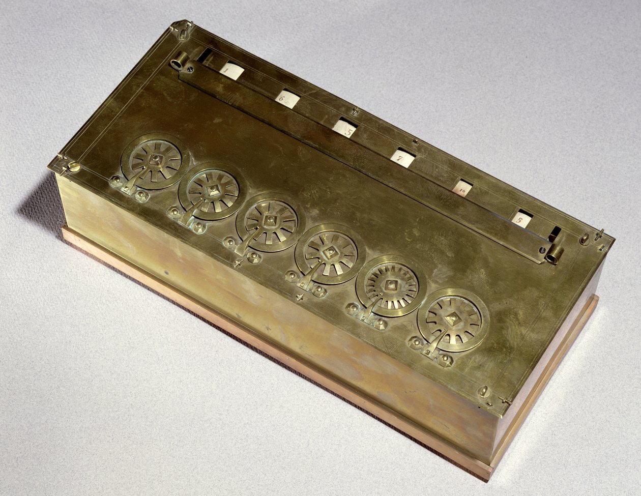 Máquina de calcular inventada por Blaise Pascal (1623-62) en 1642 (madera y metal) de French School