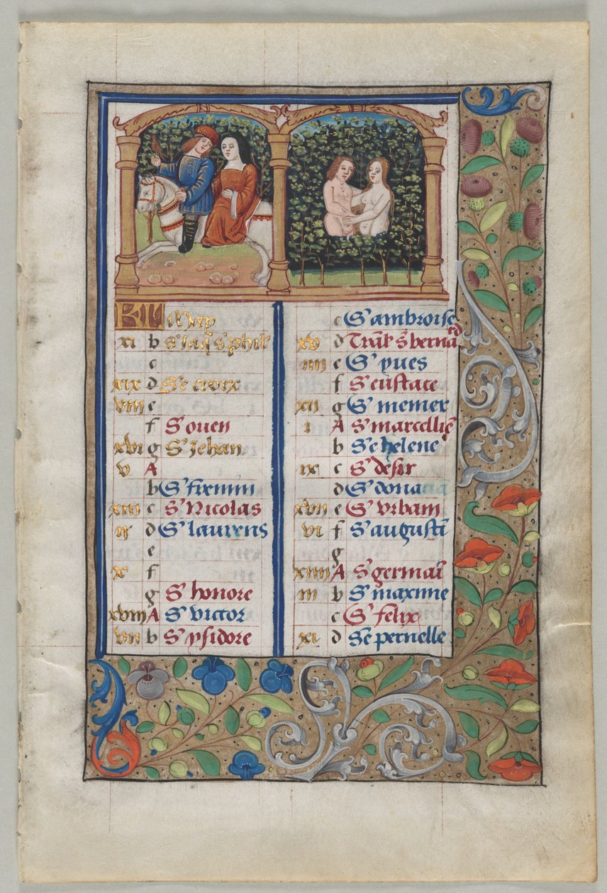 Página del calendario de mayo (anverso), c. 1510 (tinta, temple, oro, vitela) de French School