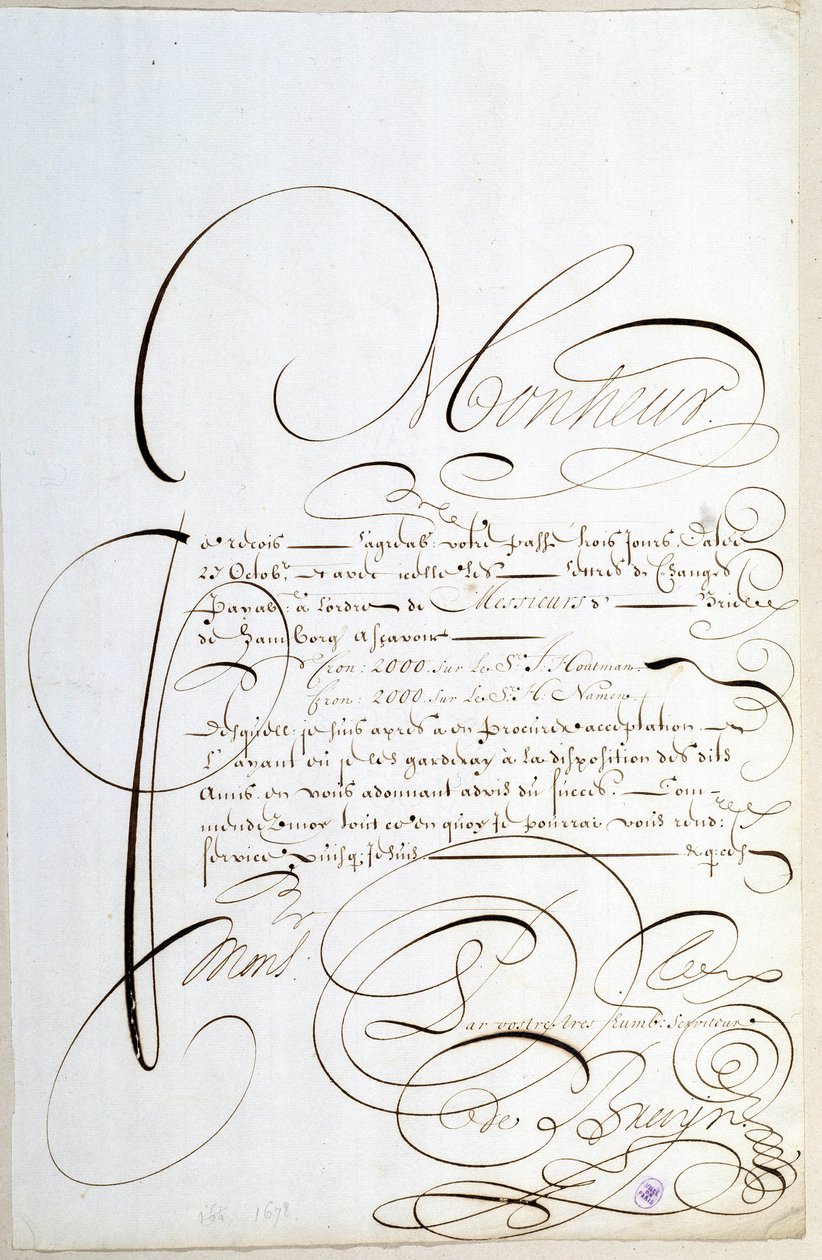 Caligrafía: Carta de cuentas caligrafiada alrededor de 1678 por François de Bruyn. de French School
