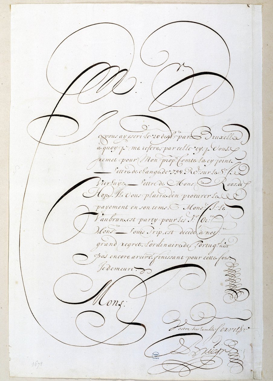 Caligrafía: Carta de cuentas caligrafiada alrededor de 1678 por François de Bruyn. Biblioteca Histórica de la Ciudad de París de French School