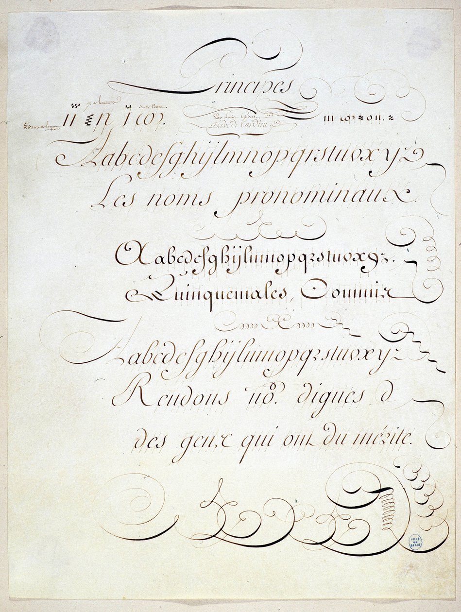 Caligrafía: Pieza manuscrita que representa el principio de tres escrituras francesas, hacia finales del siglo XVIII por Andre Tardieu de French School