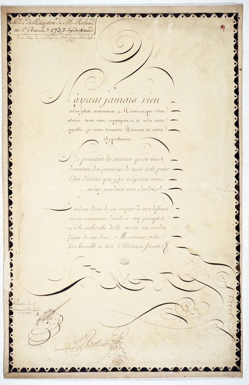 Caligrafía: Pieza de recepción fechada en 1737 por Andre Francois Roland de French School