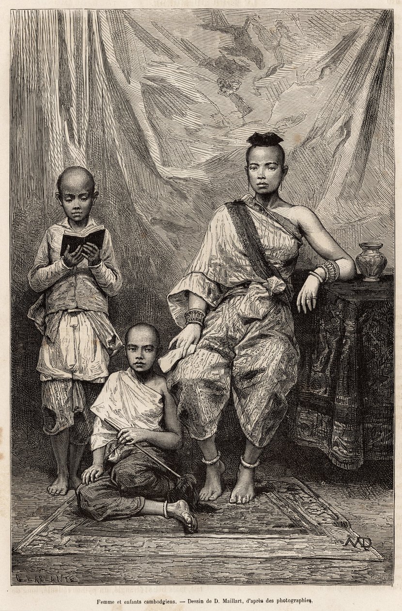 Mujer camboyana y niños, ilustración del viaje a Cochinchina, por el Doctor Morice, en 1872, publicado en “Le tour du monde” 1875, editado por Edouard Charton, edición Hachette, París. Colección Selva de French School
