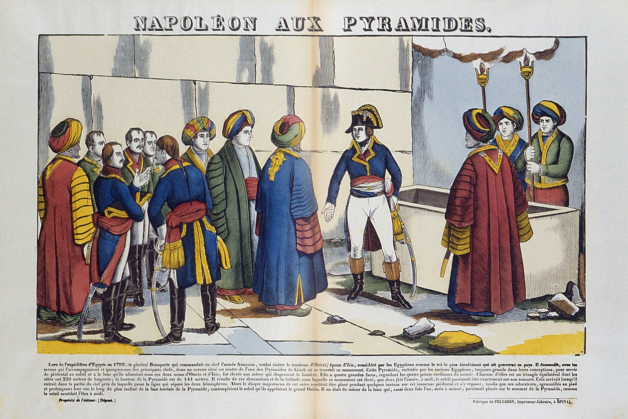 Campaña de Egipto (1798-1801): Bonaparte Napoleón en las Pirámides de Egipto en 1799. Imagen de Épinal de French School