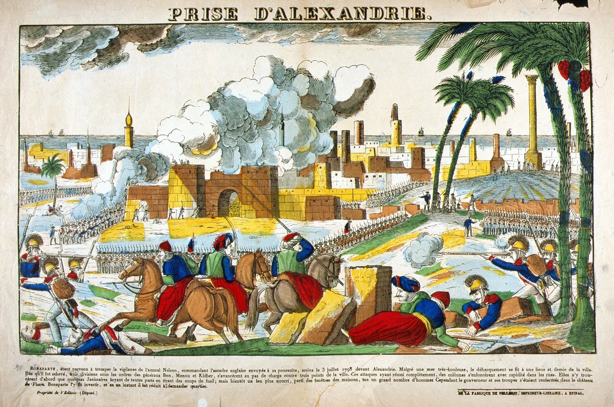 Campaña de Egipto (1798-1801): Captura de Alejandría por las tropas de Napoleón Bonaparte en julio de 1798. Imagen de Épinal de French School