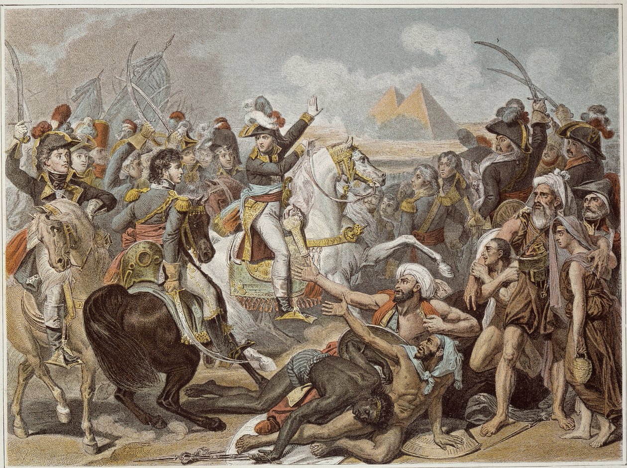 Campaña de Egipto (1798-1801): Napoleón en la Batalla de las Pirámides (21 de julio) de French School