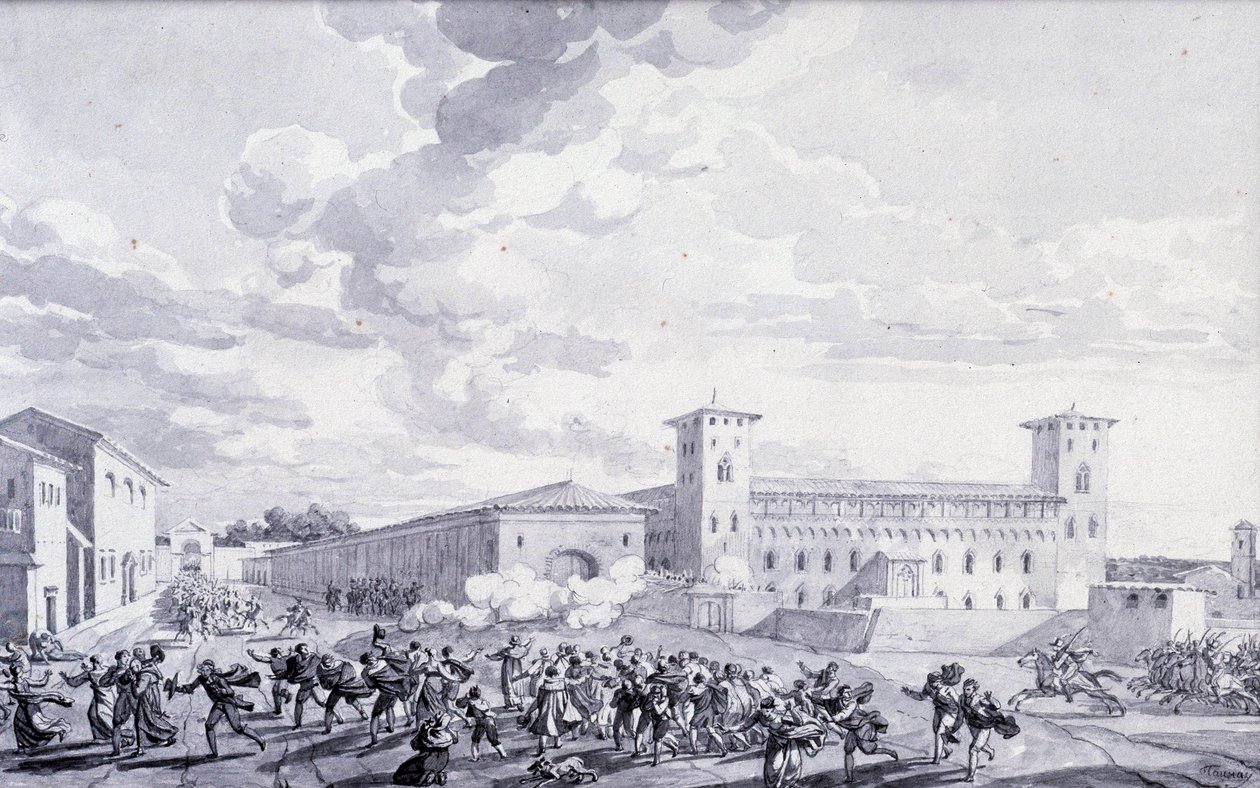 Campaña de Italia: vista de la revuelta de la ciudad de París contra la ocupación francesa en mayo de 1796. Dibujo anónimo. París, Museo del Louvre de French School