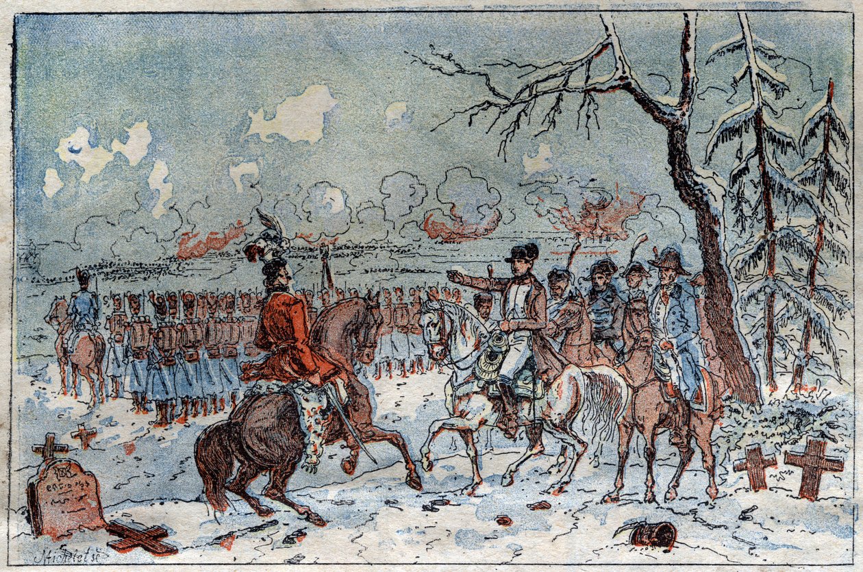 Campaña de Prusia y Polonia (1806-1807): "Napoleón I (1769-1821) en el campo de batalla de Eylau el 08/02/1807 ordenó a Murat repeler la caballería rusa. Grabado del siglo XIX. de French School