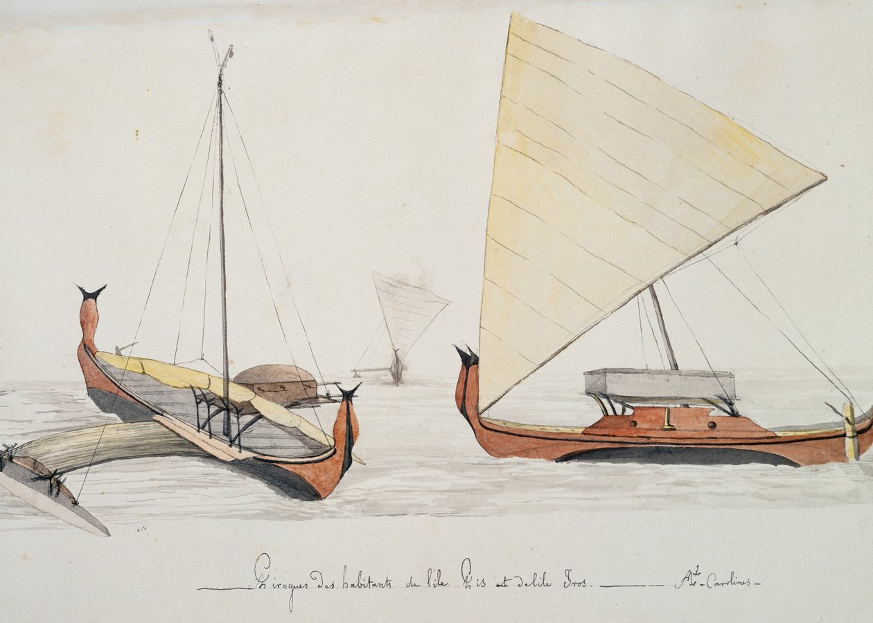 Canoas de los habitantes de las islas Pis e Iros (Islas Carolinas), acuarela de Jules-Louis Lejeune, del Viaje de Duperrey de French School