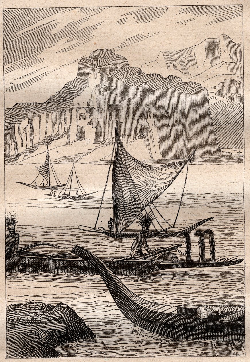 Canoas de las Islas Marquesas - ilustración tomada de “The Great Mariners of the 18th century” de French School