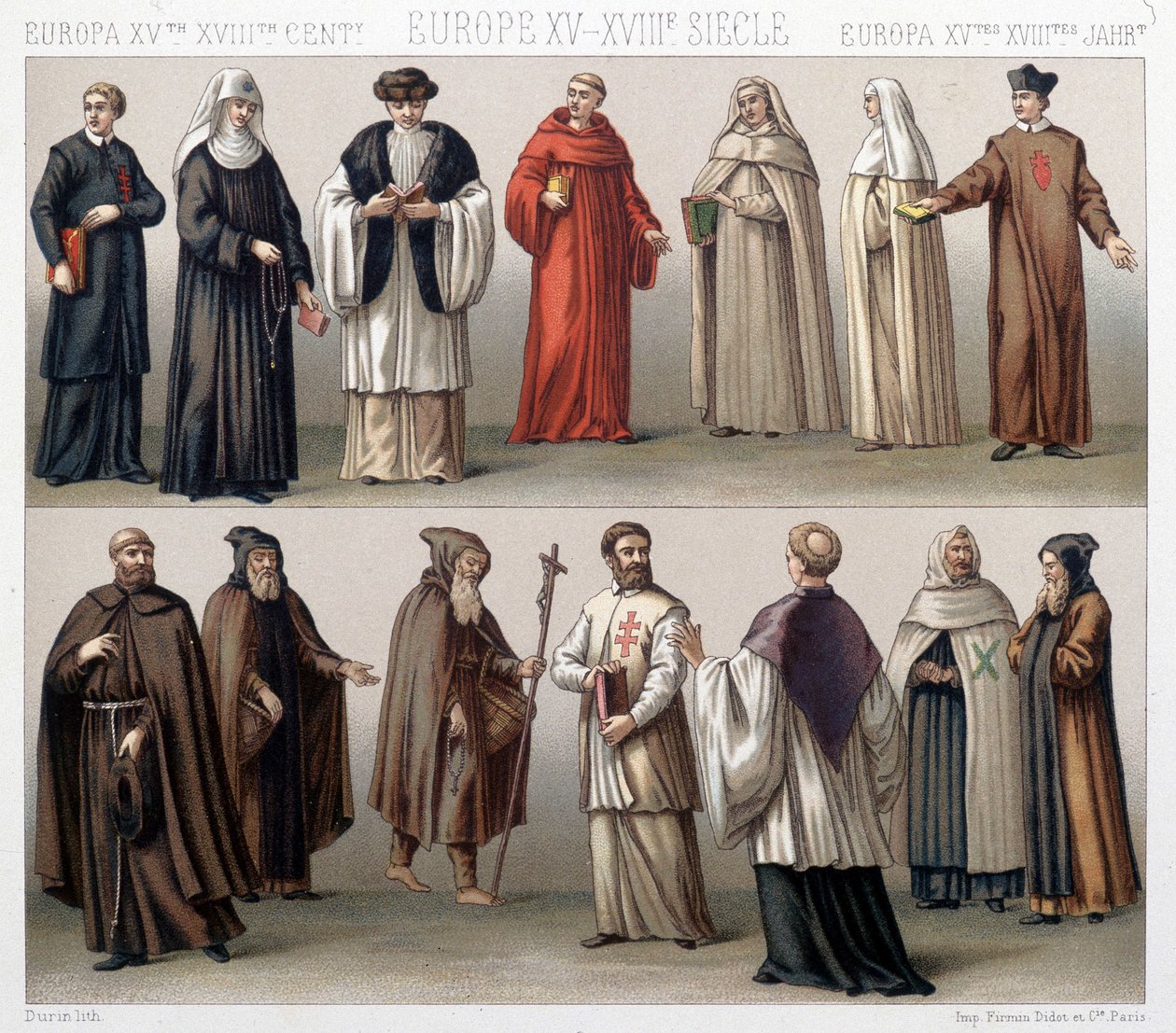 Canónigos del Santo Sepulcro en Polonia. Arriba: trajes de los siglos XVII y XVIII. Abajo: trajes de la época antigua de French School
