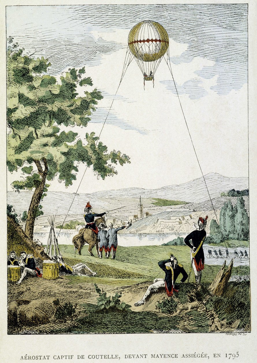 Aerostato cautivo por Jean Marie Joseph (Jean-Marie-Joseph) Coutelle (1748-1835), antes de Mainz asediada de French School