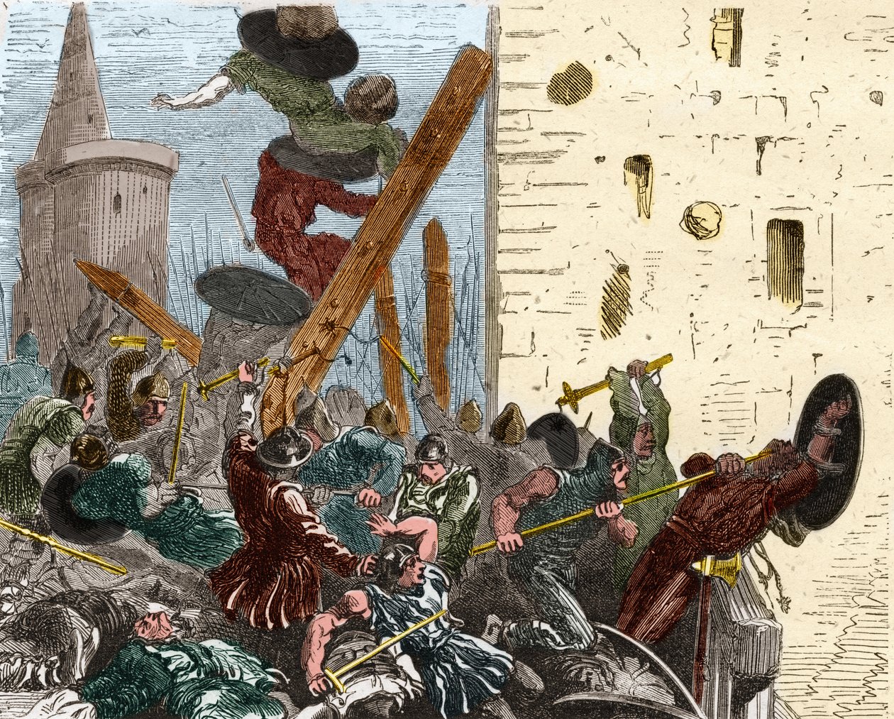 Captura de Carcasona durante la cruzada contra los albigenses en agosto de 1209. Grabado en "Histoire De France En Cent Tableaux" por Paul Lehugeur, 1891 de French School