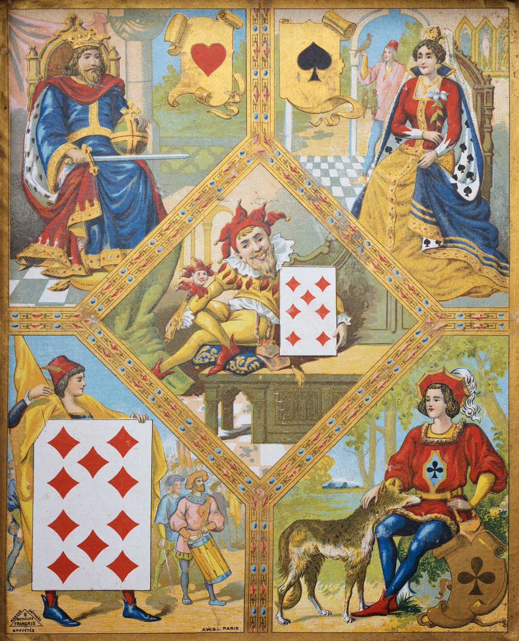 Juego de cartas, plato con Rey de corazones, Reina de espadas, Diez de diamantes y Jack de tréboles, enano Lindoro con Siete de diamantes en el centro, Francia de French School