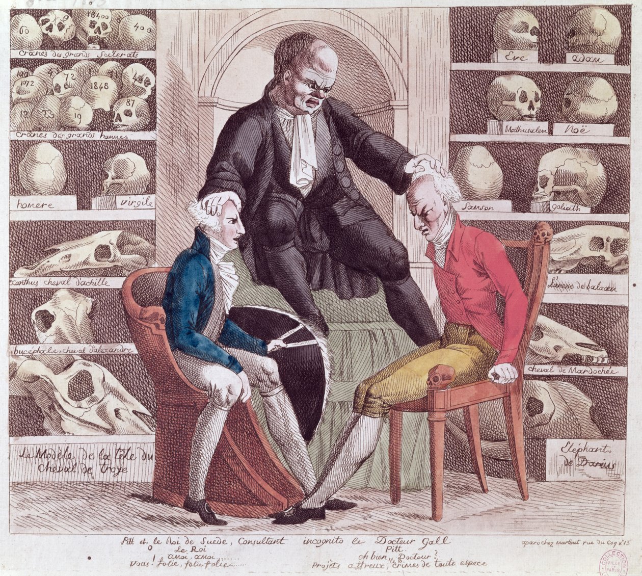 Caricatura de William Pitt el Joven y Gustavo IV Adolfo visitando a Franz Joseph Gall, 1806 de French School