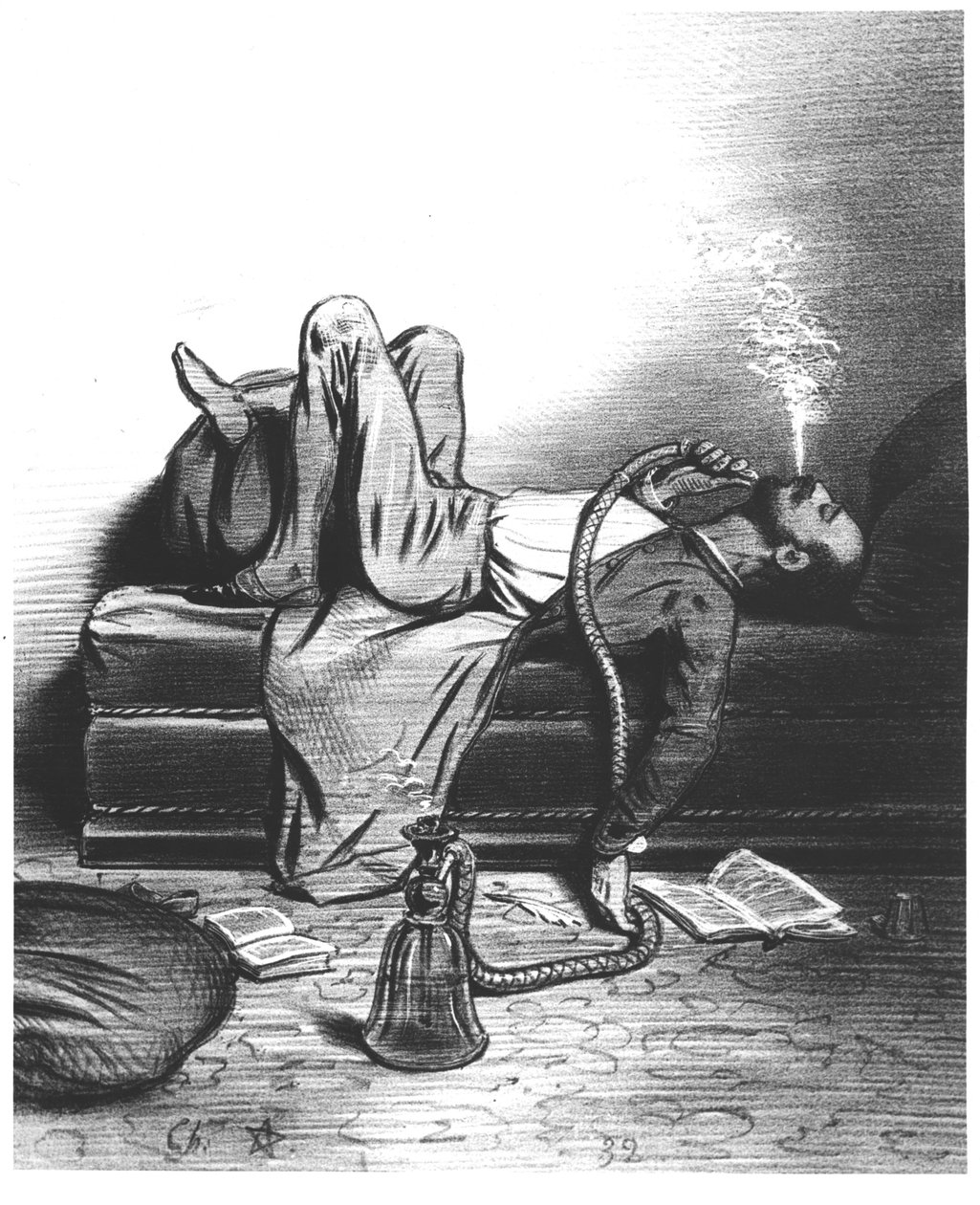 Caricatura del Escritor Romántico buscando su inspiración en el Hachís, c. 1849 de French School