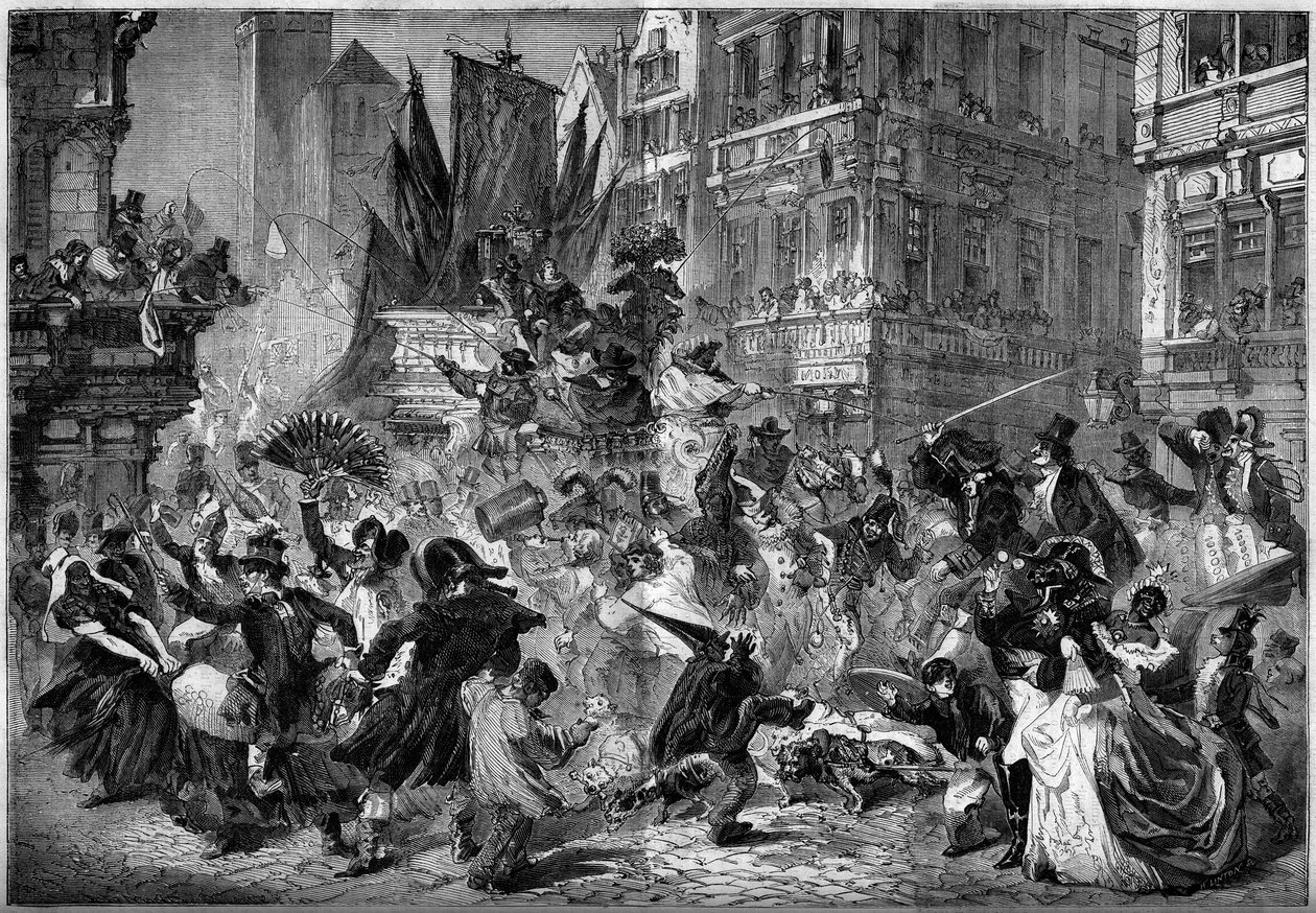 Escena de carnaval en las calles de Amberes (Bélgica) en 1860. Grabado en “Le Monde Illustré” n°151 del 3 de marzo de 1860. de French School