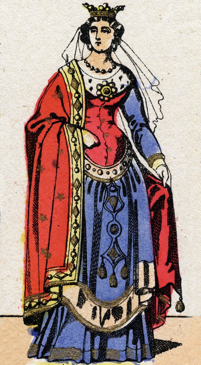 Dinastía carolingia: Retrato de Ermentrude de Orleans (ca. 830-869) Reina de los Francos esposa de Carlos II el Calvo (823-877). Imagen de Epinal de finales del siglo XIX. Colección privada. de French School