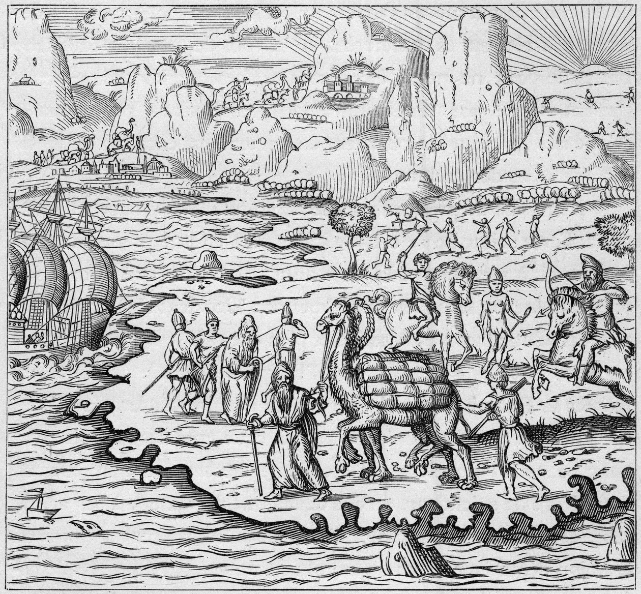 Transporte de mercancías por camello para cargar barcos que salen del puerto griego en Alejandría hacia Europa. Grabado en “La Marine et les colonies: commerce” de French School