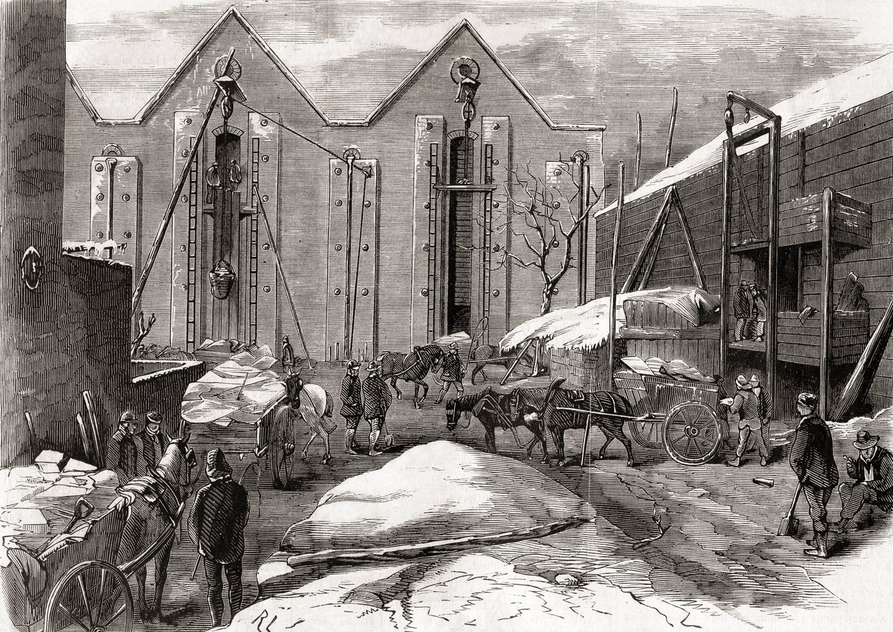Cargamento de hielo en los almacenes de hielo del Sr. Charles, Lindsey House, Londres, de "L