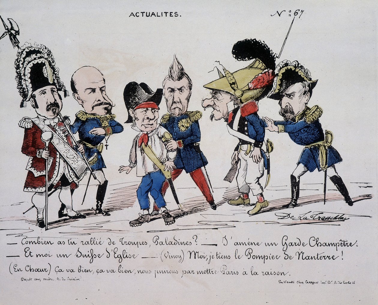 Caricatura sobre la Comuna “Noticias - ¿Cuántas tropas reuniste, Paladine? - Estoy trayendo una guardia del país. Y soy una iglesia suiza. - (Vinoy) Tengo al Bombero de Nanterre - (En el corazón) Está bien, está bien, finalmente pondremos a París en razón. de French School