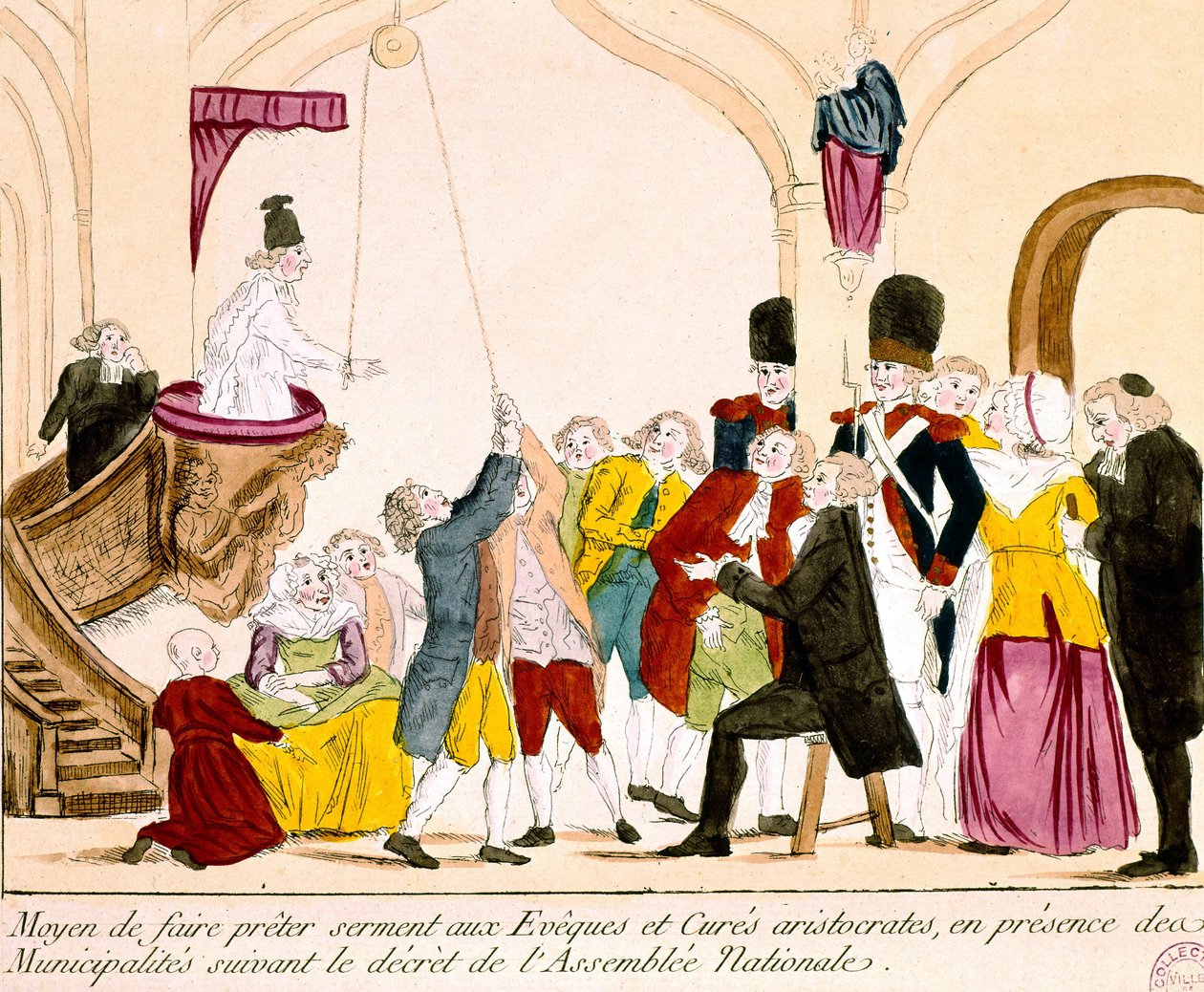 Caricatura que representa a aristócratas y clérigos franceses prestando juramento de lealtad a la República de French School