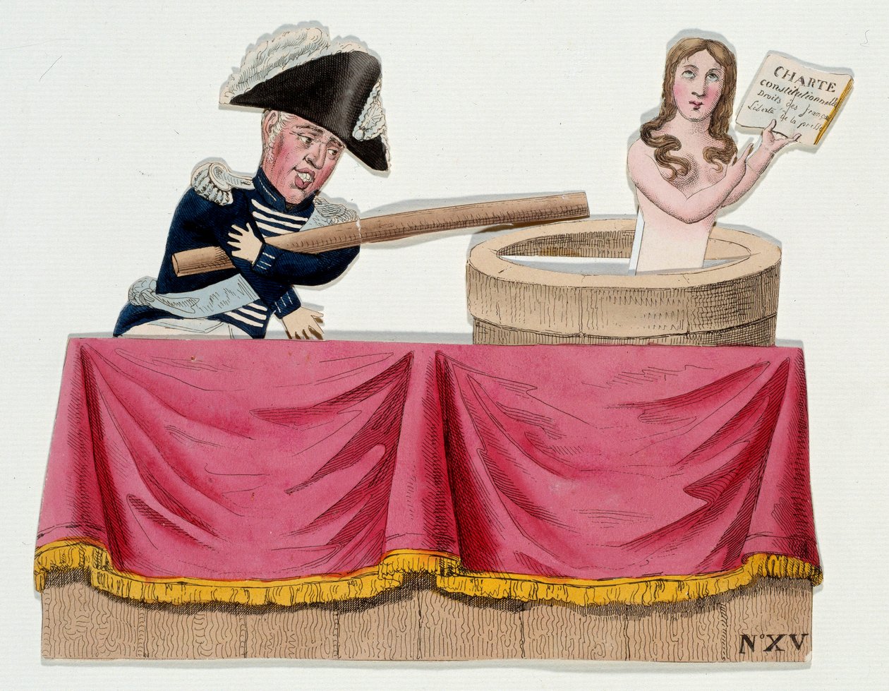 Caricatura que representa al rey Carlos X (1757-1836) en forma de guignols negando la carta constitucional en el momento en que el rey abolió la libertad de prensa en julio de 1830 (ordenanzas de Saint Cloud). Grabado alrededor de 1830. París, Museo Carnav de French School