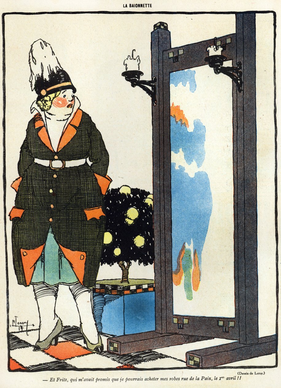 Caricatura que representa a una dama alemana decepcionada por no poder comprar su ropa nueva en París en la rue de la Paix, de la edición del Día de los Inocentes de La Baionette, 29 de marzo de 1917 de French School