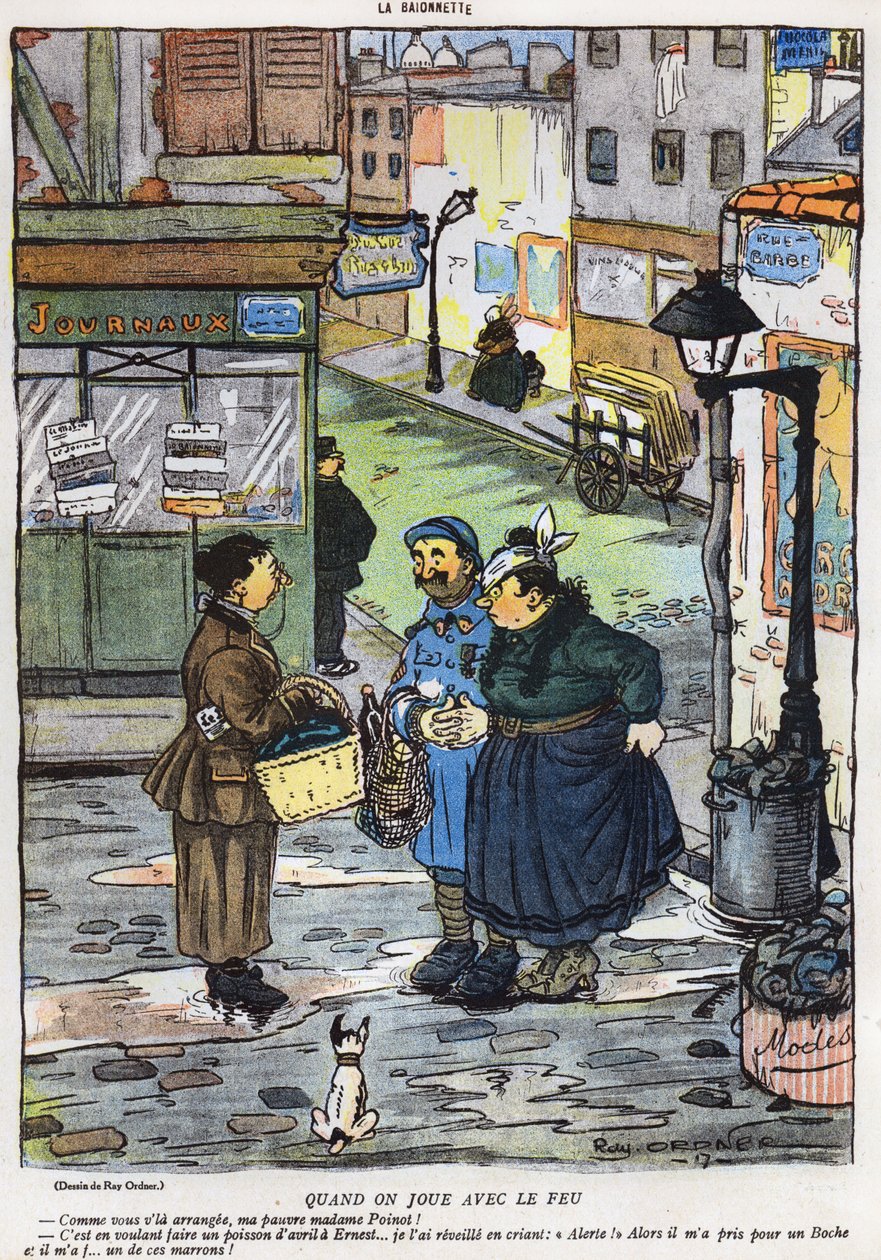 Caricatura que representa el resultado del intento de una esposa de jugarle una broma a su esposo, de la edición del Día de los Inocentes de La Baionette, 29 de marzo de 1917 de French School