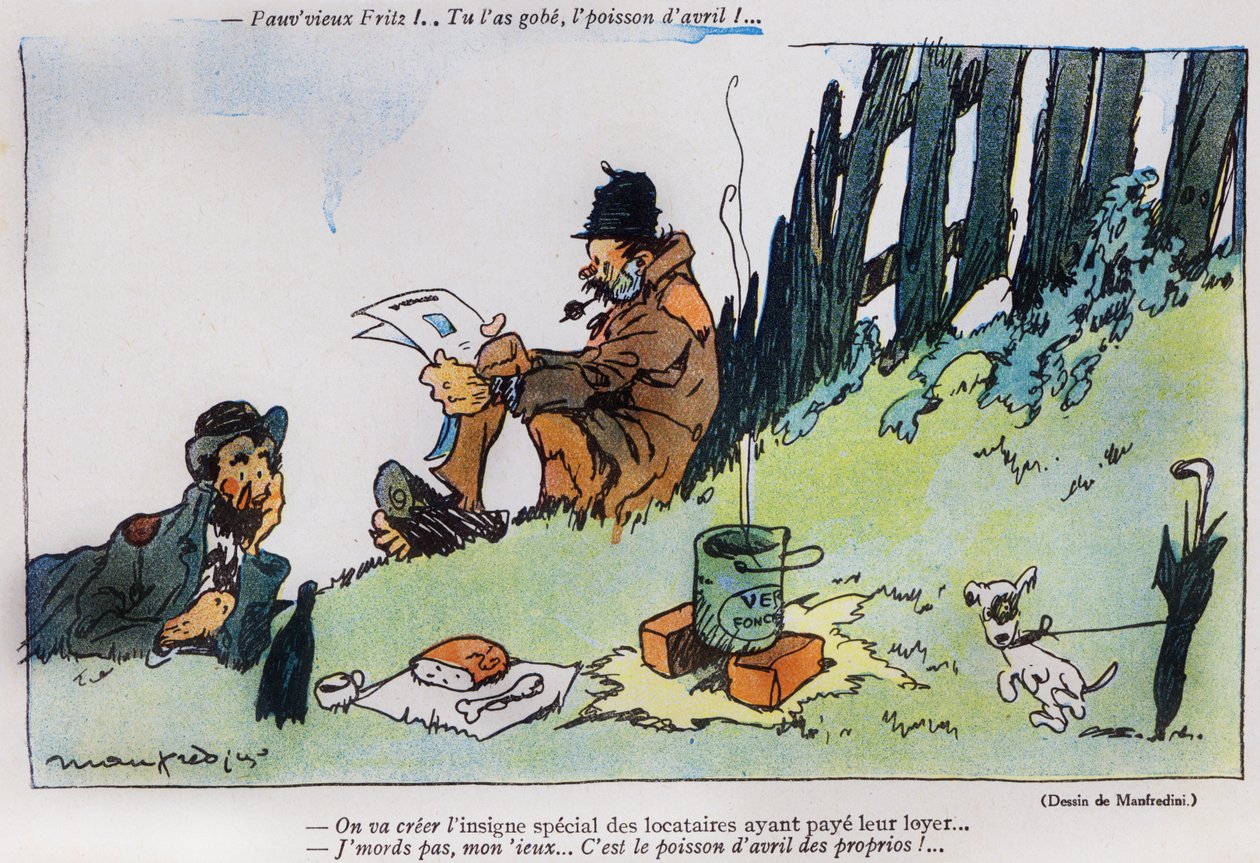 Caricatura que representa a dos vagabundos, de la edición del Día de los Inocentes de La Baionette, 29 de marzo de 1917 de French School