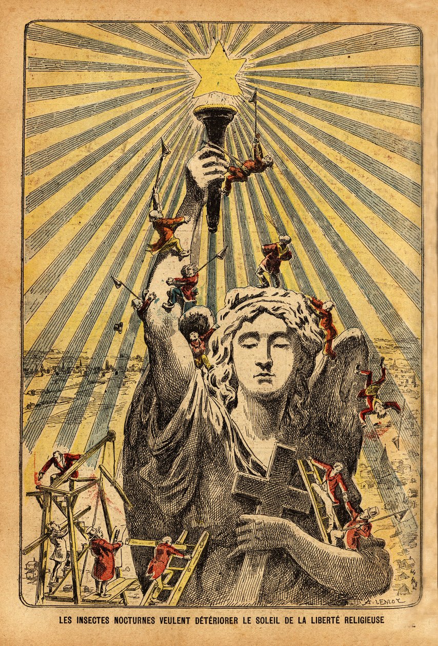 Caricatura para la iglesia, "insectos nocturnos quieren empeorar el sol de la libertad religiosa"", en el debate político que agitó Francia a principios del siglo XX, sobre la laicización de las instituciones en el contexto de la separación de la iglesia a de French School